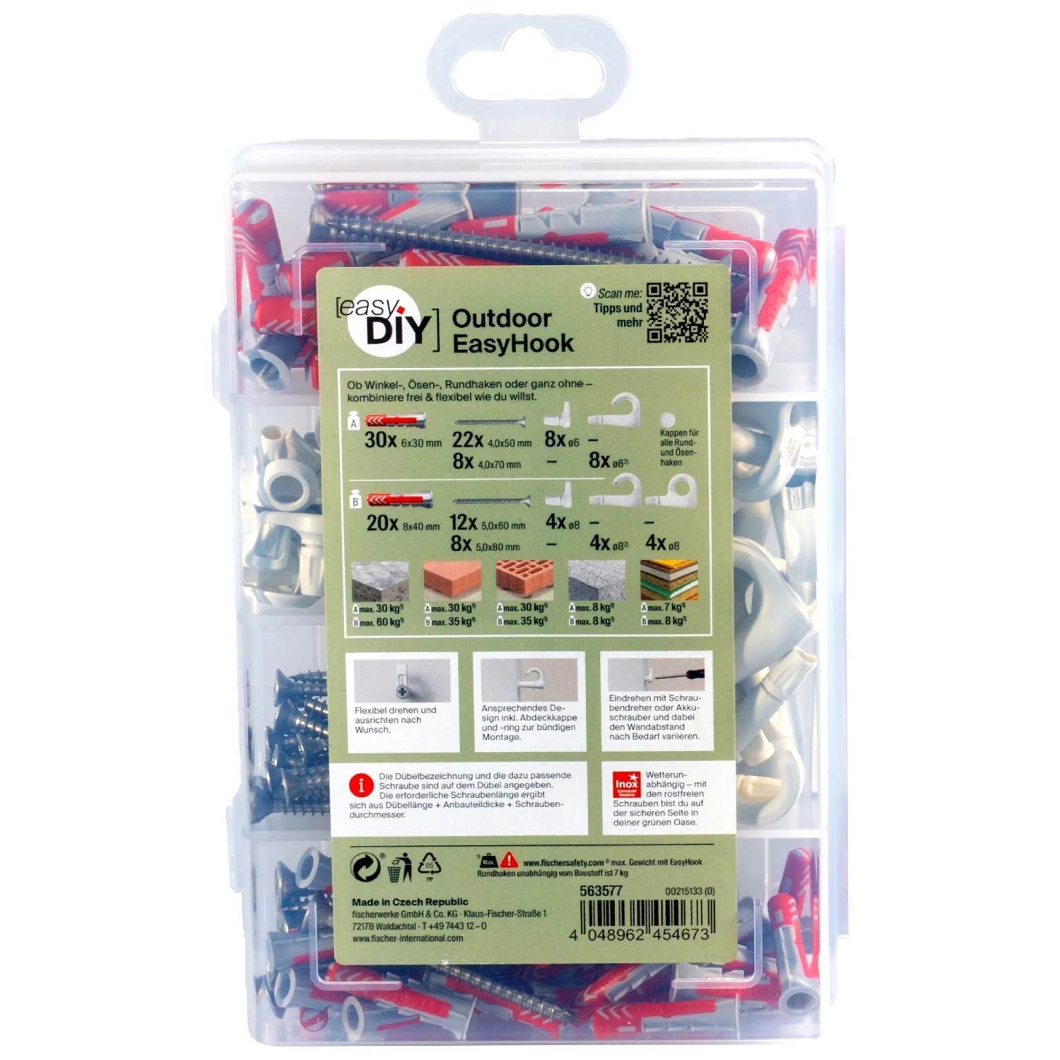 Fischer Universaldübel- und Haken-Set EasyDIY Box Outdoor, 144-teilig, in transparenter Kunststoffbox.
