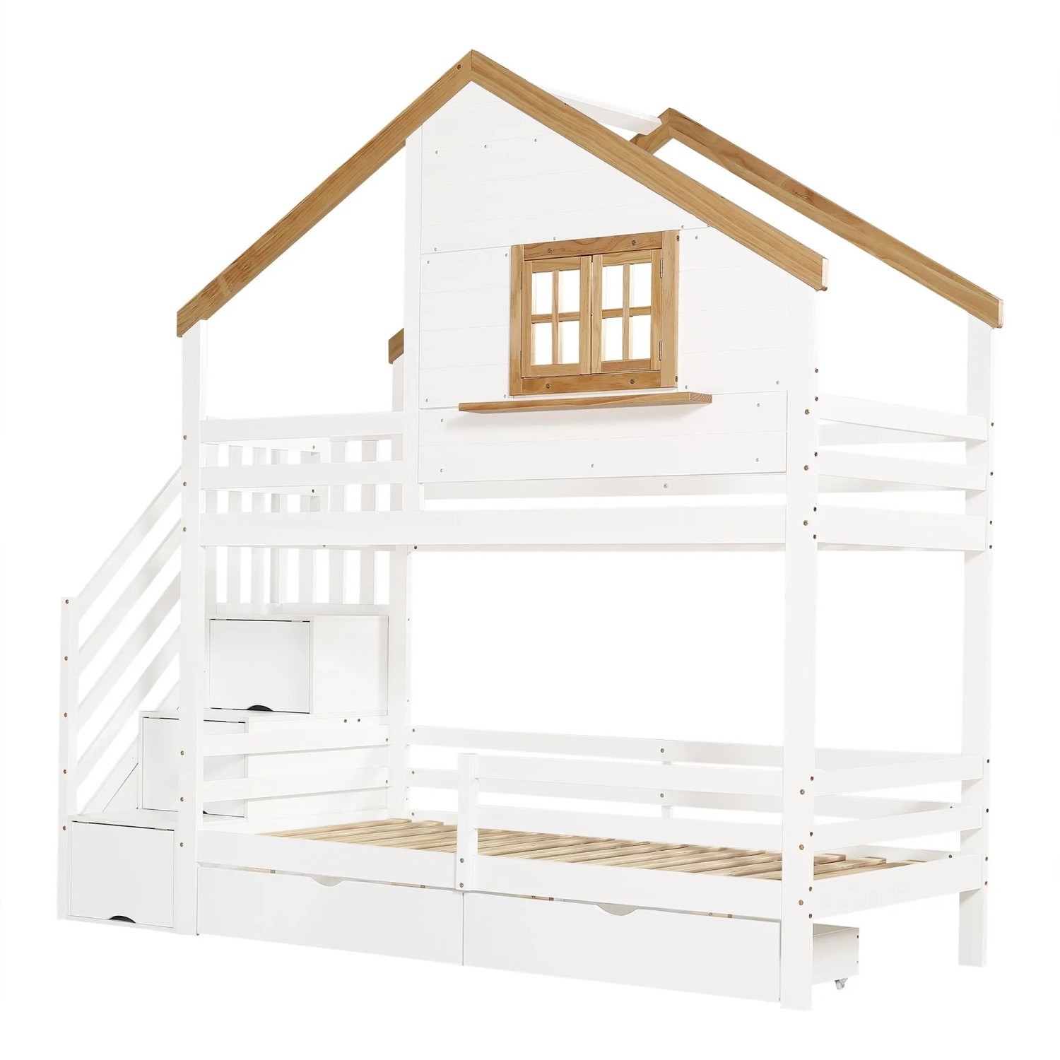 okwish Etagenbett 90x200cm mit Aufbewahrungstreppe und Fenster Weiß Natur ohne Matratze