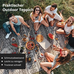 EVOCAMP Outdoor-Teppich, 200x300 cm, grau-weiß, wetterfest, mit Picknick-Gesellschaft.