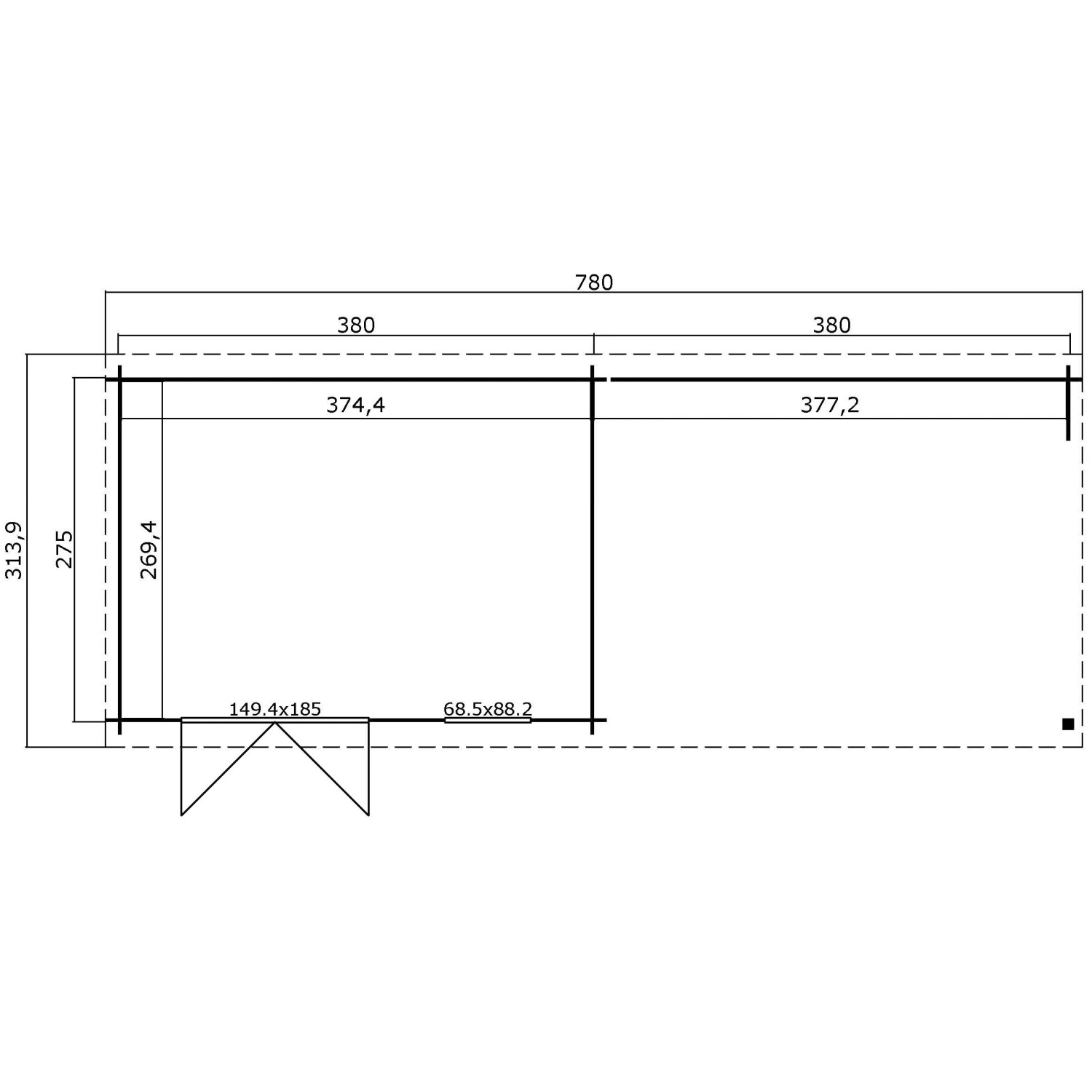 Grundriss Lasita Gartenhaus Reno 760x275 cm: Maße und Aufteilung des Holz-Gartenhauses.