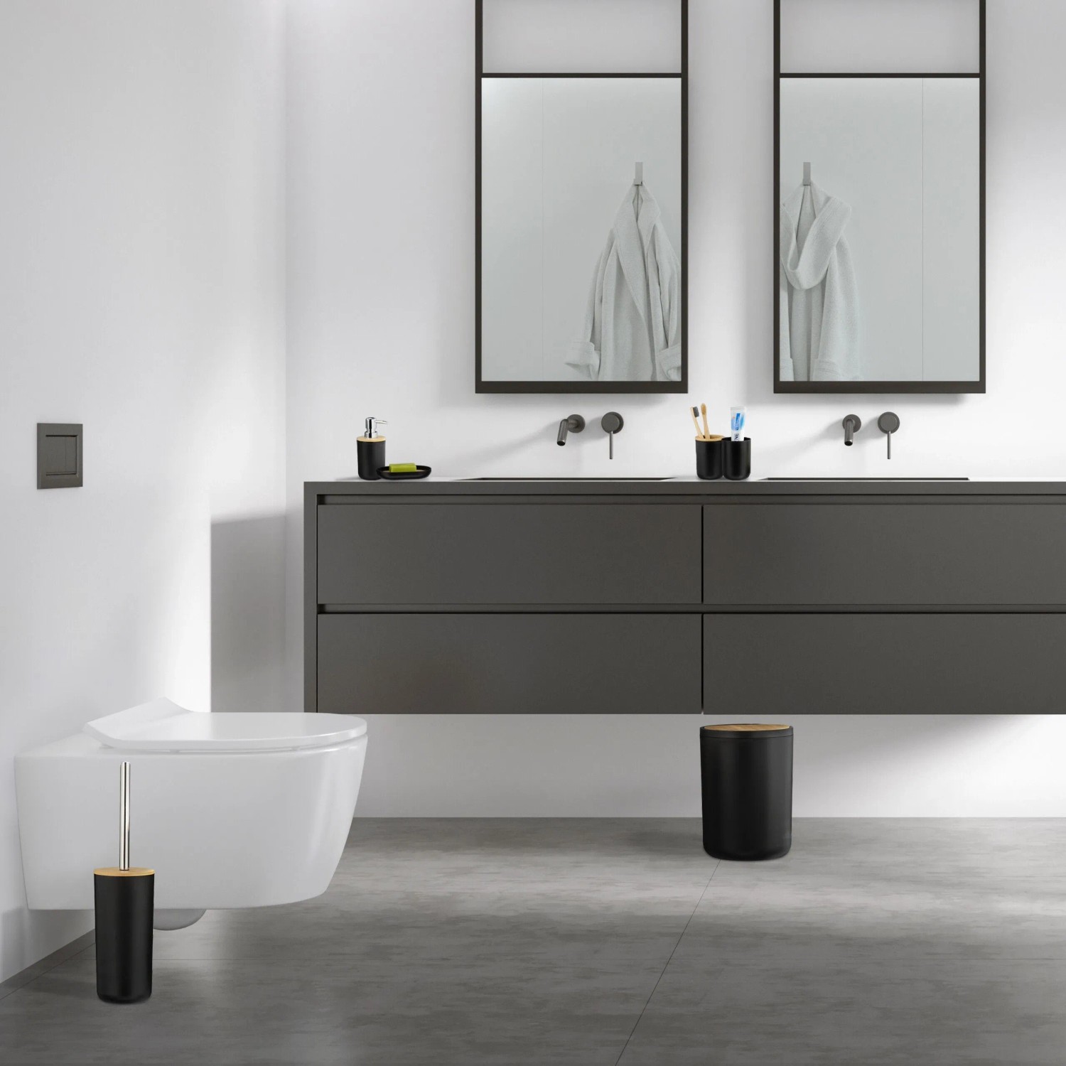 Relaxdays Badezimmer Set Kunststoff Bambus Schwarz 6-teilig_3