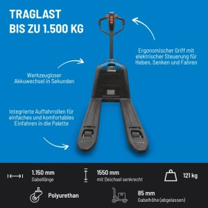 Güde Elektrohubwagen eHW 1500, schwarz-blau, mit ergonomischem Griff, elektrischer Steuerung, 1500 kg Traglast und Auffahrrollen.