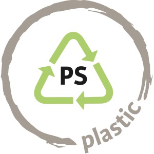 Recycling Symbol: PS (Polystyrol) Kunststoff, umrandet mit einem grauen Kreis.