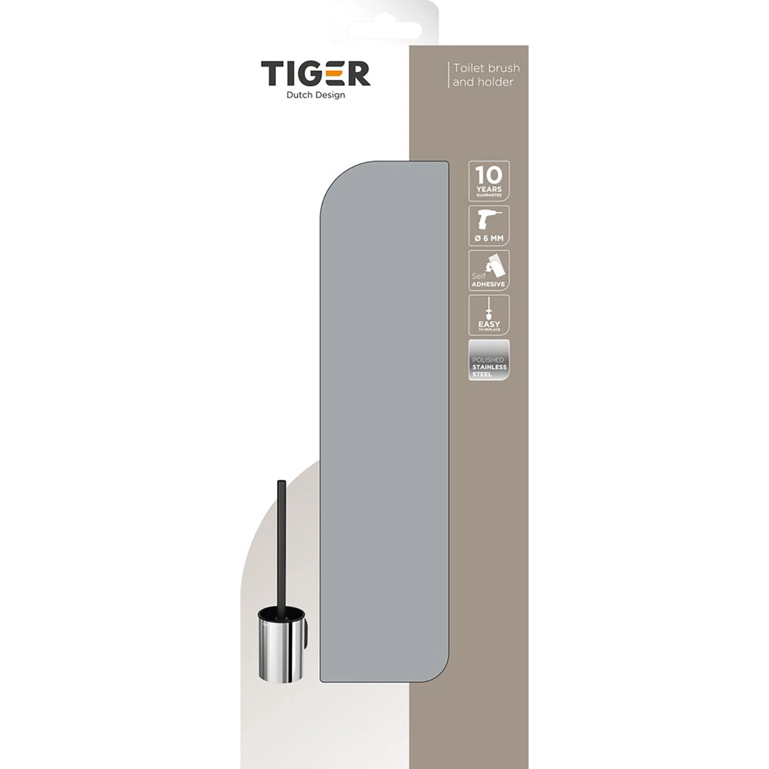 Verpackung der Tiger Toilettenbürste Ace mit Halter aus poliertem Edelstahl.