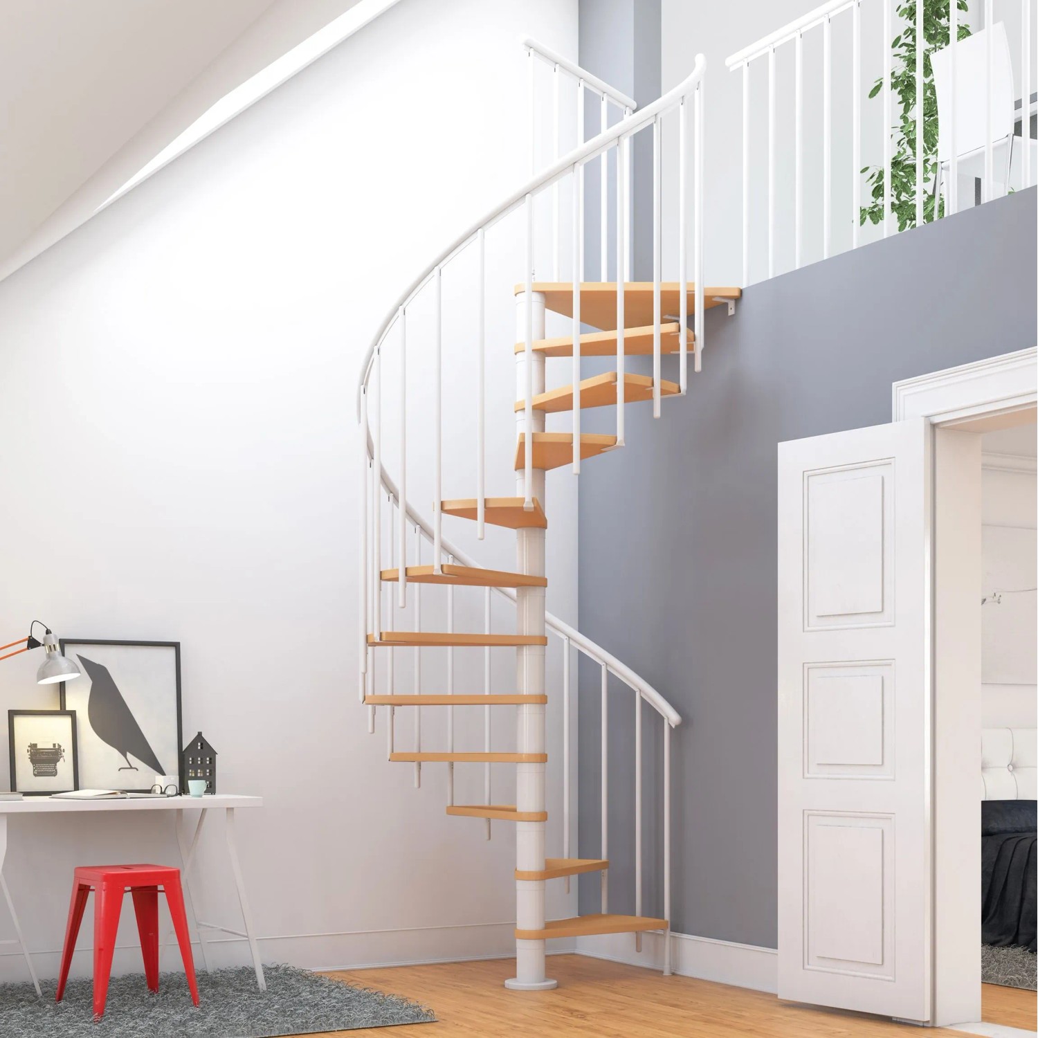Dolle Spindeltreppe Montreal, Ø 120 cm, mit Buchenstufen und weißem Geländer.
