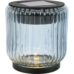 Solar-LED-Dekoleuchte, Ø 8 cm, rauchblaues Glas mit Rippenstruktur, warmweißes Licht für den Außenbereich.
