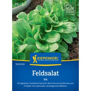 Kiepenkerl Feldsalat Vit: Saatgut-Packung mit frischen, grünen Salatblättern.