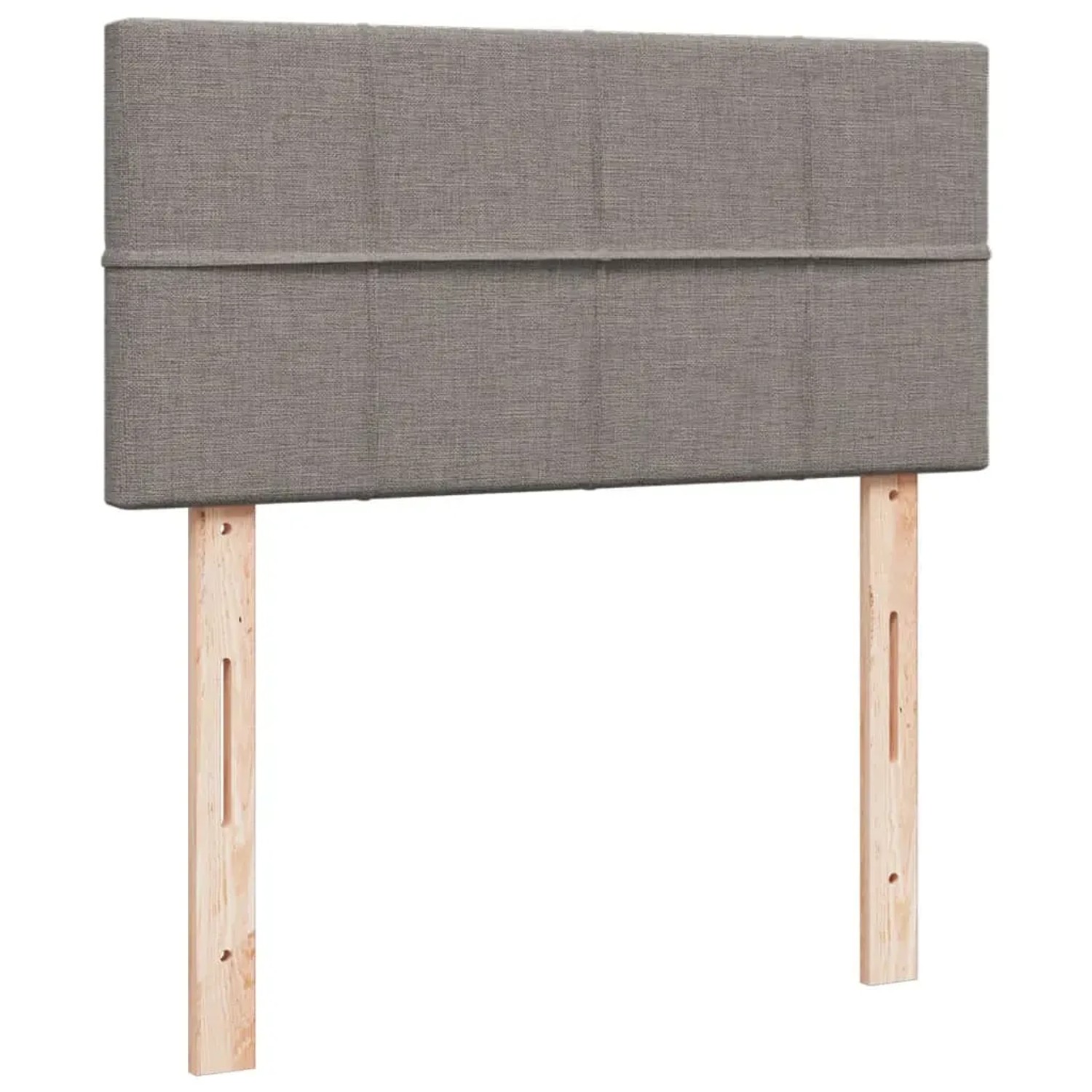 Boxspringbett mit Kopfteil, taupefarbener Stoffbezug, Holzfüße, 90x200 cm.