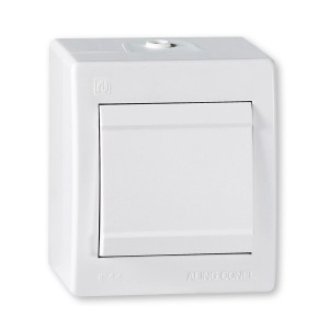 Weißer Aling-Conel Aufputz Kreuzschalter mit Wippschalter, IP44 Schutz.