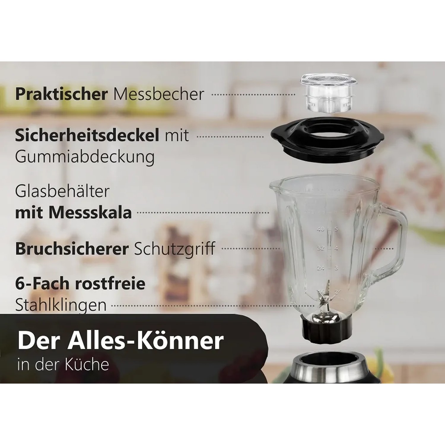 Steinborg Standmixer SB-7020: Edelstahl-Mixer mit Glaskrug, Deckel und Messbecher.