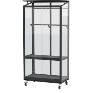 Schwarzes Vitavia Polis Balkongewächshaus mit ESG Glas, Rollen und Regal. Ideal für den Balkon.