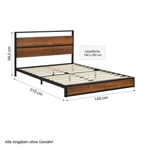 Homestyle4u Metallbett 140x200 cm, schwarz, mit Holz-Kopfteil. Futonbett im Industrial Look.