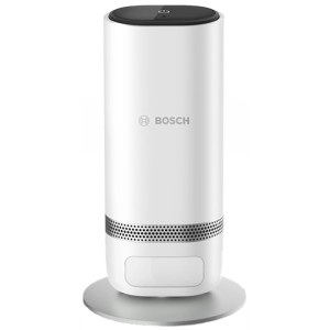 Bosch Smart Home Eyes Innenkamera II in Weiß auf silbernem Standfuß. Kompakt und modern.