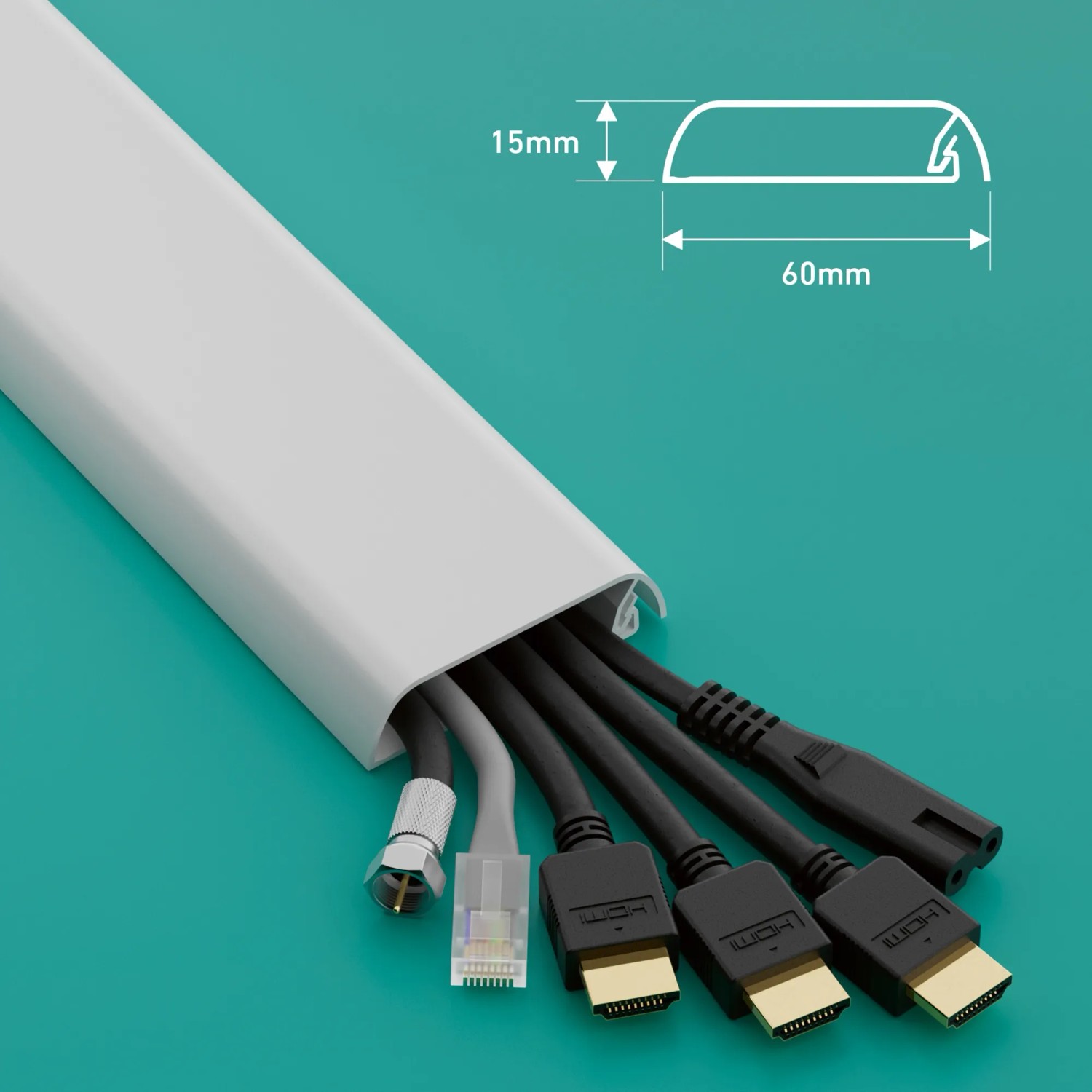 Weißer D-Line Kabelkanal (60x15mm, 1m) mit Kabeln. Praktische Kabelführung.