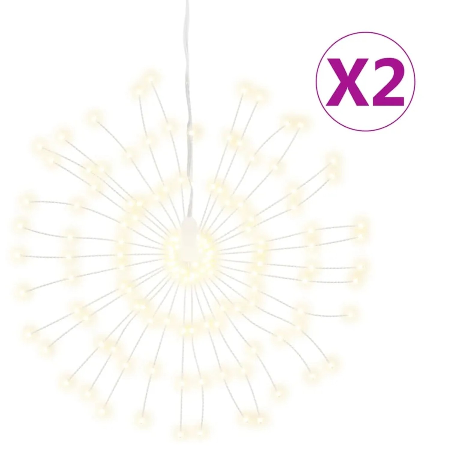 Zwei warmweiße LED-Weihnachtsbeleuchtungen in Feuerwerk-Form. Perfekt als Außen-Lichterketten.