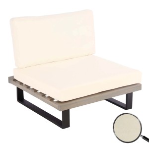 MCW Lounge-Sessel H54: graues Holzgestell, schwarze Beine, cremefarbene Polster. Gartenstuhl für Terrasse & Balkon.