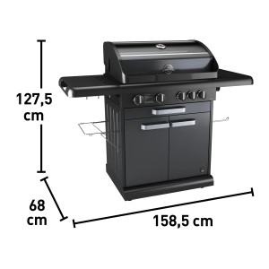 Schwarzer Jamestown 4-Brenner Gasgrill Clyde mit Maßen für den einfachen Aufbau.