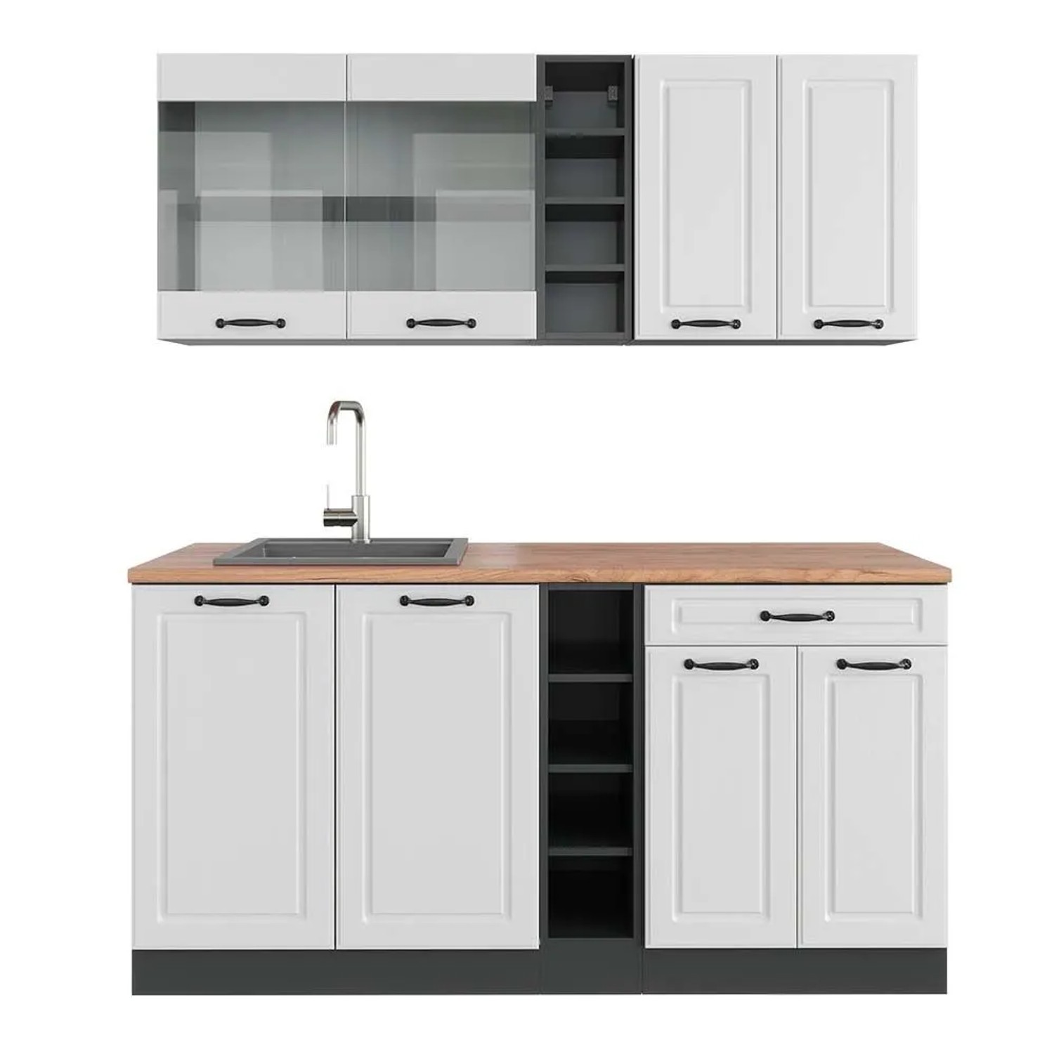 Vicco R-Line Singleküche Weiß Landhaus Anthrazit 160 cm AP Eiche ohne E-Geräte