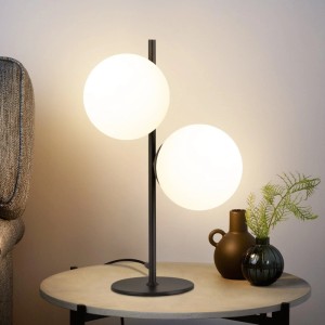 Schwarze NETTLIFE Tischlampe, 2-flammig, mit leuchtenden Opalglas-Kugelschirm. Modernes Design für Wohnzimmer.