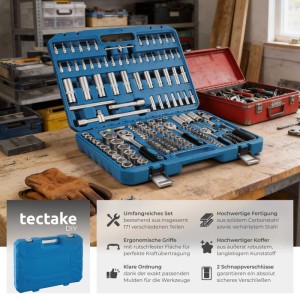 Tectake Steckschlüsselsatz, 171-teilig im blauen Koffer. Werkzeug aus Chrom Vanadium Stahl.
