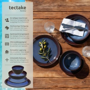 Tectake Tafelservice Mare, 24-teiliges Geschirrset für 6 Personen. Blau-braunes Steingut im maritimen Design auf Holztisch.