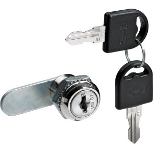 Hettich Zylinderhebelschloss, vernickelt, mit geradem Riegel und zwei Schlüsseln.