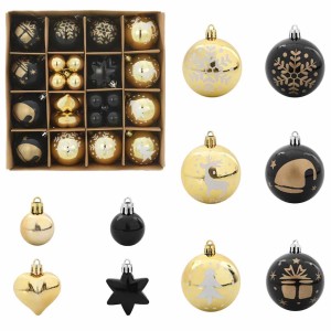 vidaXL Weihnachtskugel-Set, 40-teilig, Schwarz und Gold, mit verschiedenen Formen und Designs.