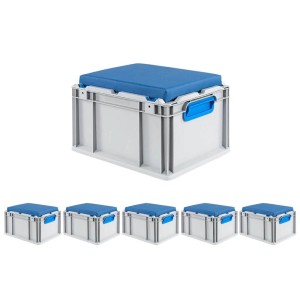 Sparset: 6 graue Euroboxen mit blauem Sitzkissen, 20 Liter. Ideal als Sitz- und Transportbox.