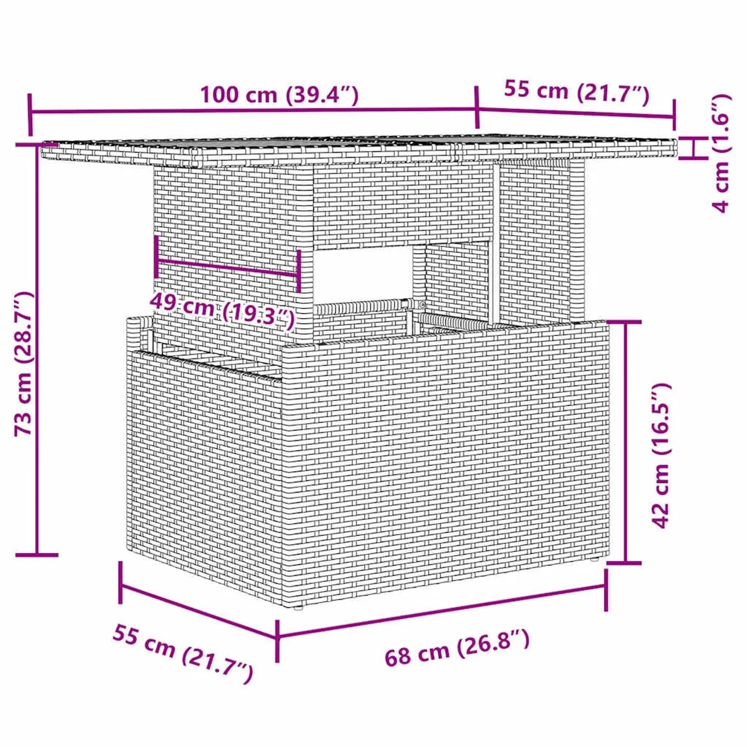 Skizze der vidaXL 5-Tlg Garten-Sofagarnitur aus schwarzem Rattan mit Maßen.