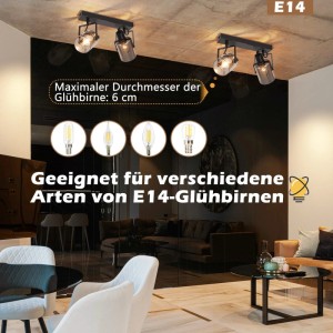 Schwarzer NETTLIFE Deckenstrahler mit zwei drehbaren Metall-Glas-Spots im Vintage-Industrial-Design, E14-kompatibel, im Wohnzimmer.