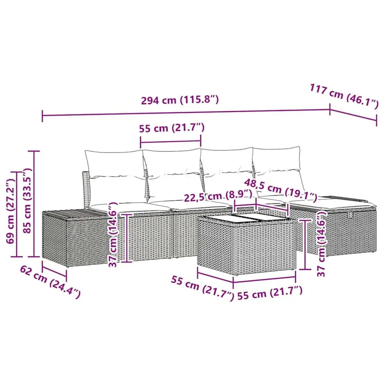 vidaXL Gartenmöbel-Set, 6-teilig, hellgraues Poly Rattan, mit Maßen. Ideal für Terrasse und Garten.