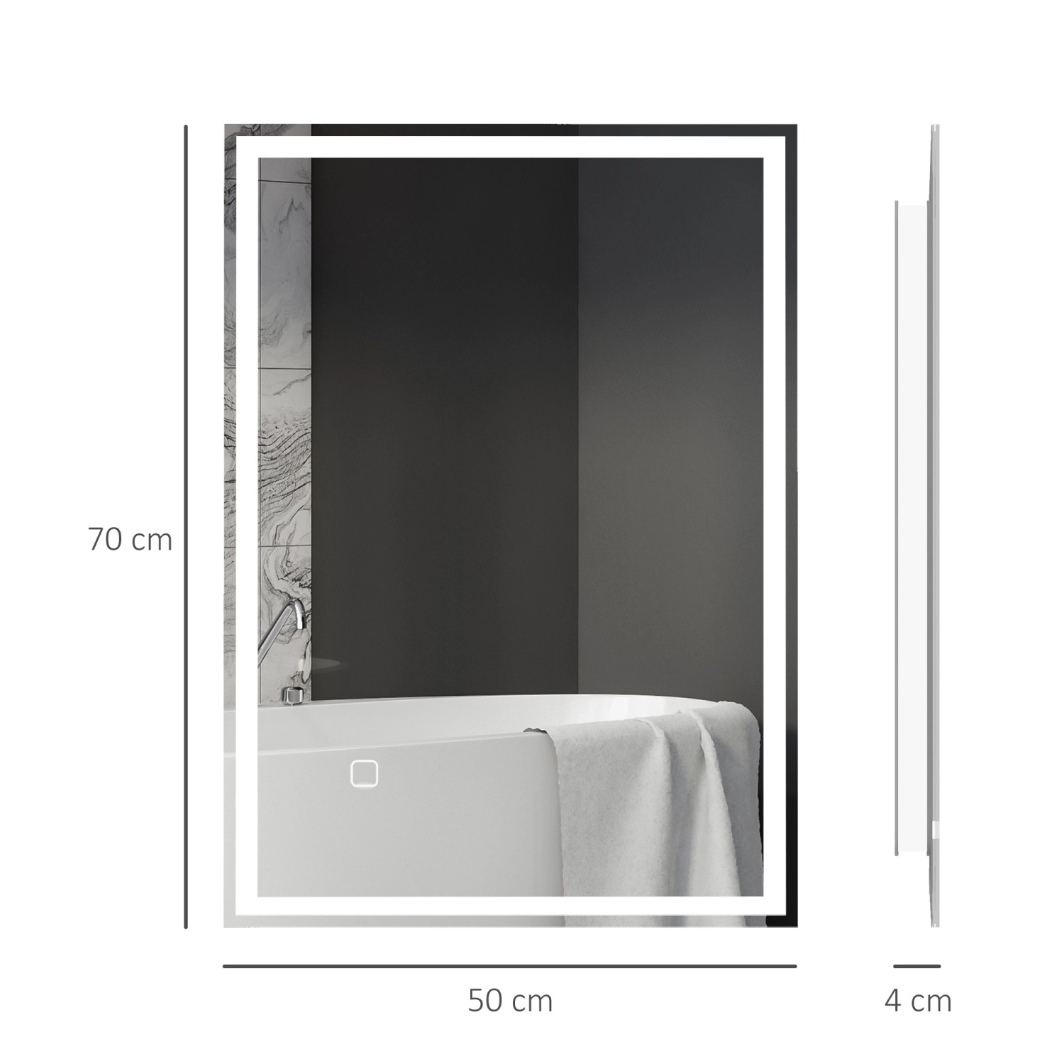 HOMCOM Badspiegel 70x50 cm mit LED-Beleuchtung und Touchschalter, beschlagfrei.