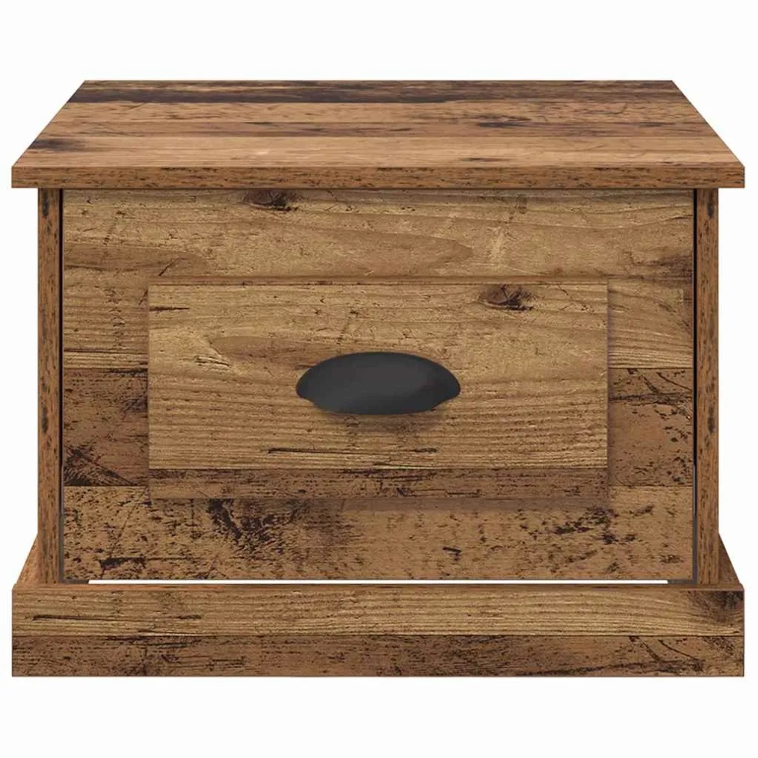 Quadratischer Couchtisch aus Holzwerkstoff im Altholz-Look mit einer Schublade und dunklem Griff.