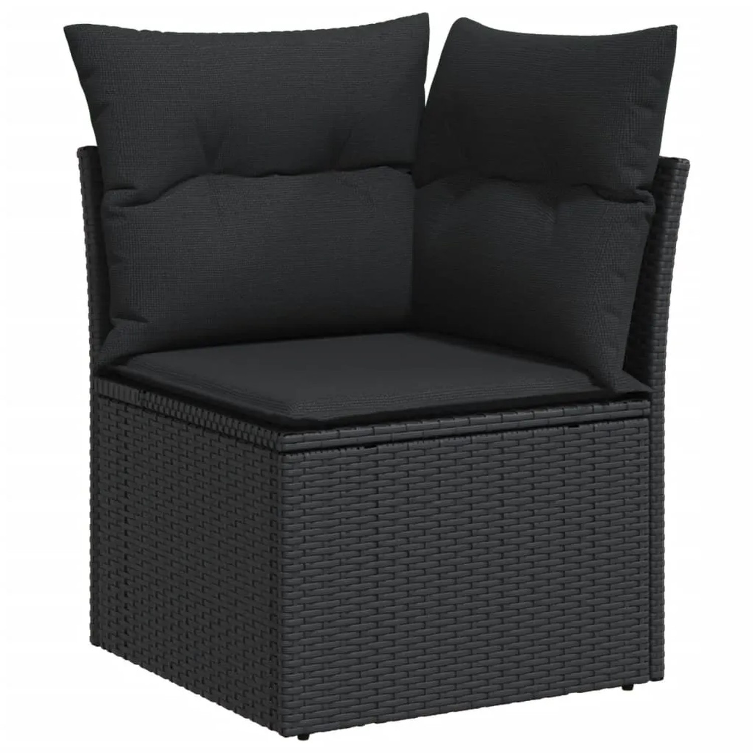 Schwarzes Ecksofa aus Polyrattan mit Kissen, Teil der vidaXL Garten-Sofagarnitur.
