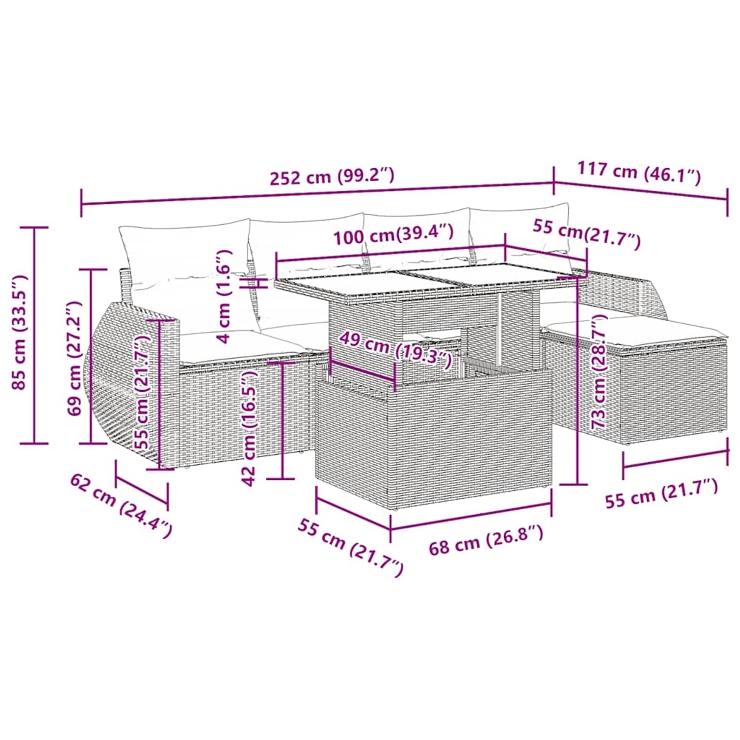 vidaXL Garten-Sofagarnitur, 6-teilig, schwarz, Poly Rattan, mit Maßen der Einzelteile.