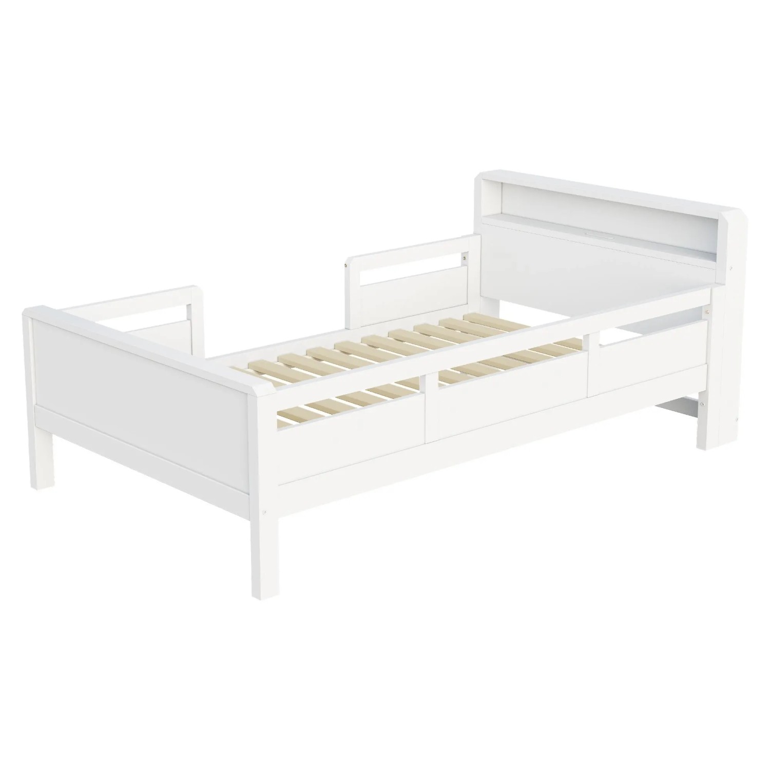 okwish Einzelbett 90x200cm mit USB LED Ablage Kinderzimmer Weiß ohne Matratze