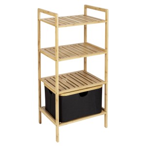 Standregal Ecori mit 3 Etagen und Korb in Cappuccino. Badregal aus Bambus, ideal für Bad und Wohnraum.