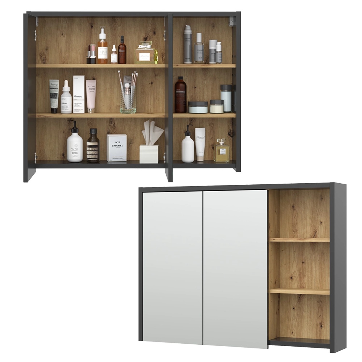 Vicco Badspiegelschrank Viola, Anthrazit/Eiche, 100x75 cm, mit Spiegeltüren und offenen Fächern.