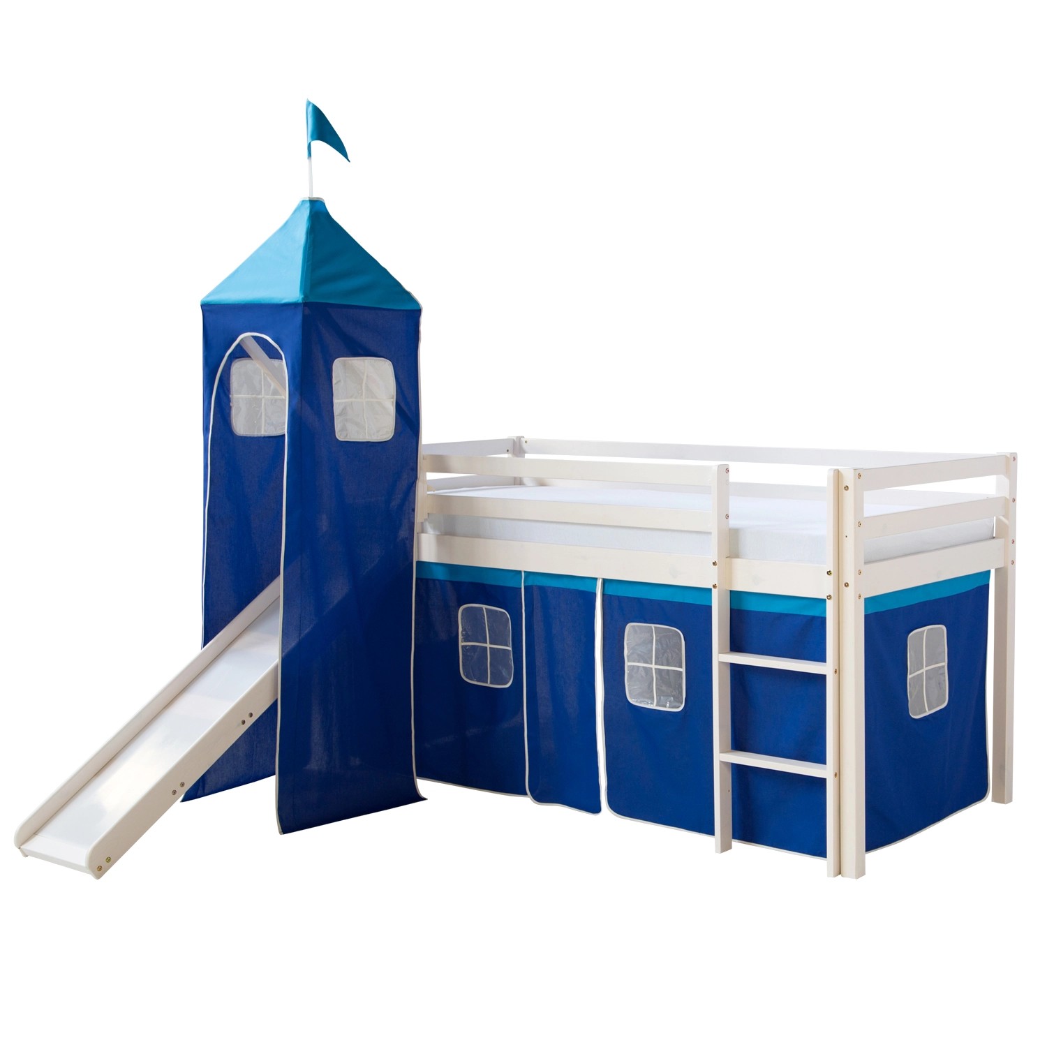 Homestyle4u Hochbett 90x200 Weiß Vorhang Blau 521 günstig online kaufen
