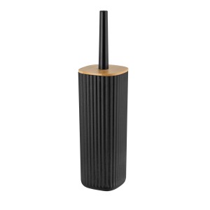 WENKO WC-Garnitur Rotello Schwarz mit Rillenstruktur und Bambusdeckel.