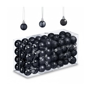 96 schwarze Weihnachtskugeln aus Kunststoff, matt, glänzend, glitzernd, in praktischer Aufbewahrungsbox.