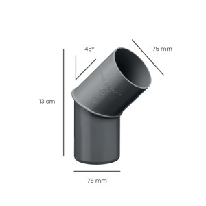 Anthrazitfarbener Inefa Fallrohrbogen aus PVC, 45 Grad, DN 75, mit Maßen 13 cm x 75 mm für Dachentwässerung.