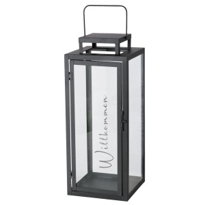 Schwarze Boltze Laterne Berlin, 50x20x20 cm, mit Glas und Schriftzug "Willkommen".