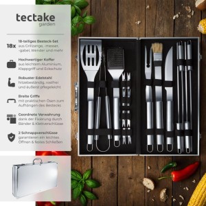 Tectake Grillbesteck, 18-teilig im Alukoffer: Grillzange, Messer, Gabel, Wender und mehr.