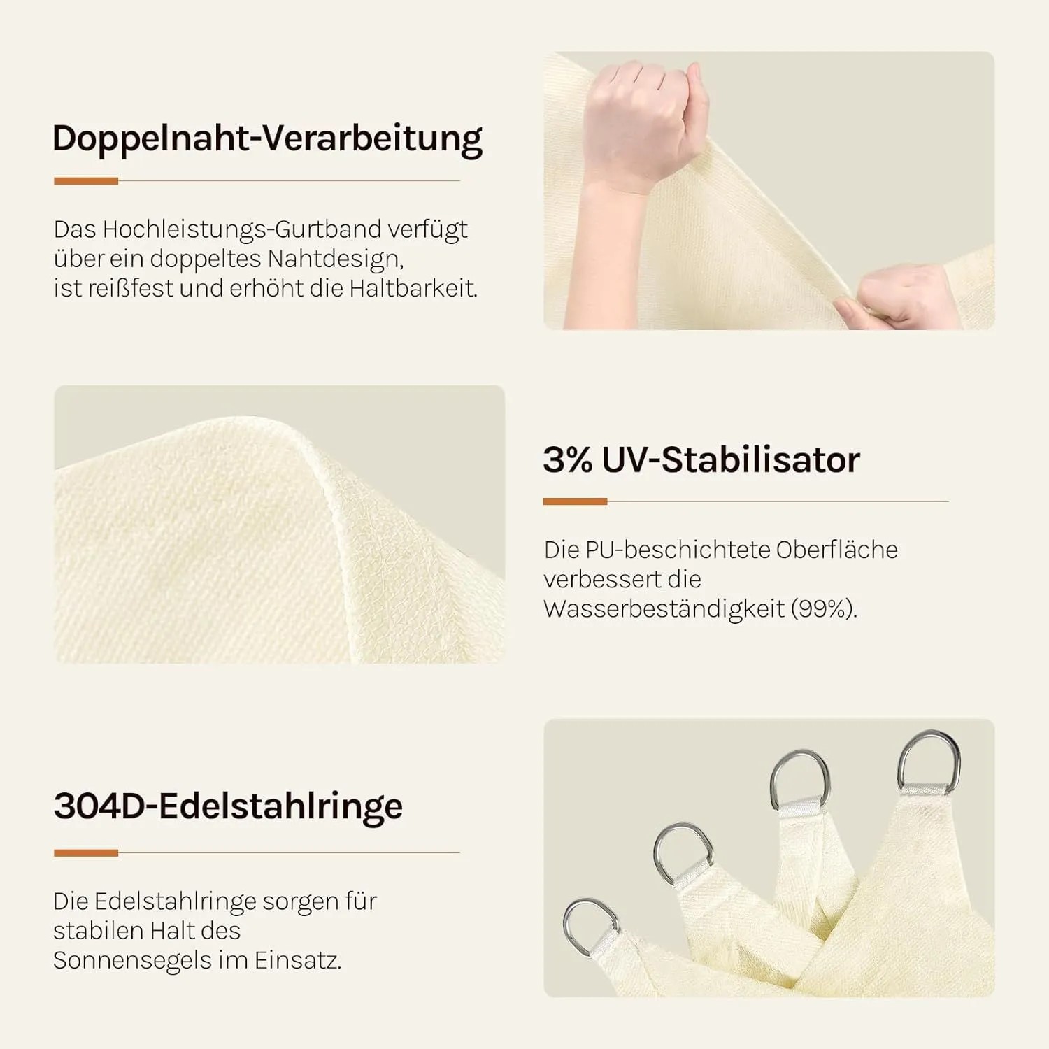 WOLTU Sonnensegel Sonnenschutz HDPE Windschutz UV Schutz Creme 4x4 m_4