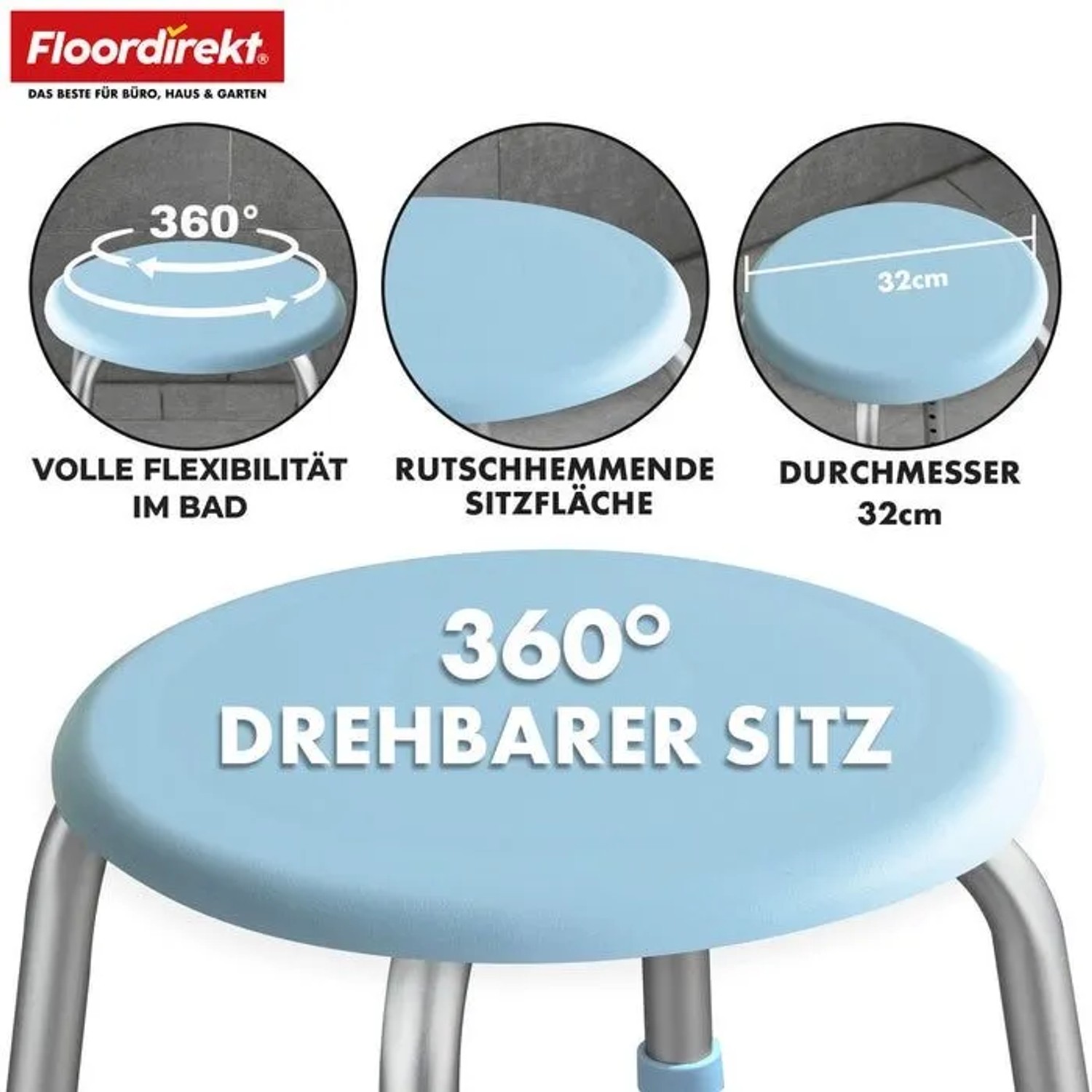 Blauer, drehbarer Duschhocker Pedro mit rutschfester Sitzfläche (32cm) und höhenverstellbaren Beinen. Für Bad & Dusche.