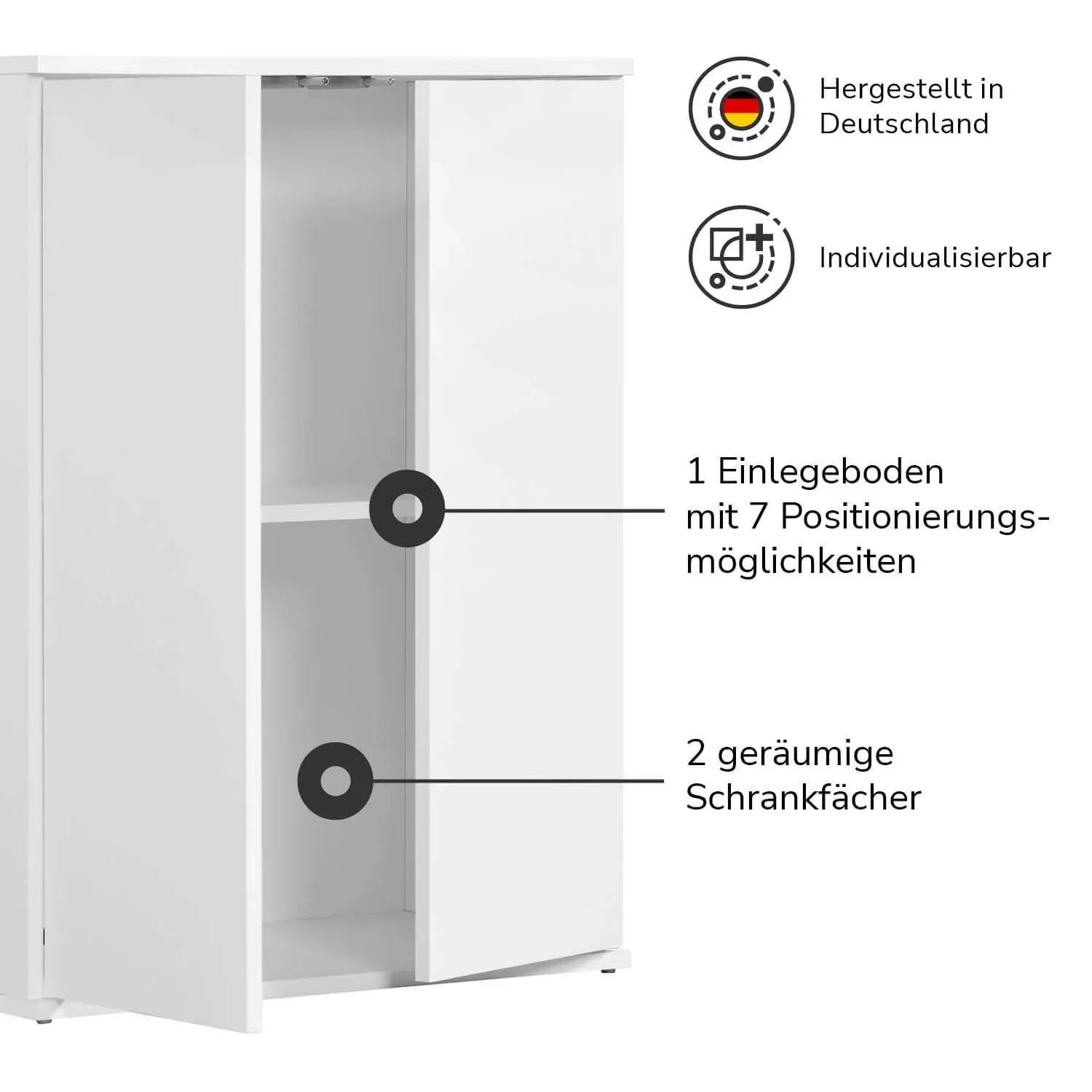 Weißer mokebo Midischrank, ein kompakter Büroschrank/Allzweckschrank mit zwei Türen und einem Einlegeboden.