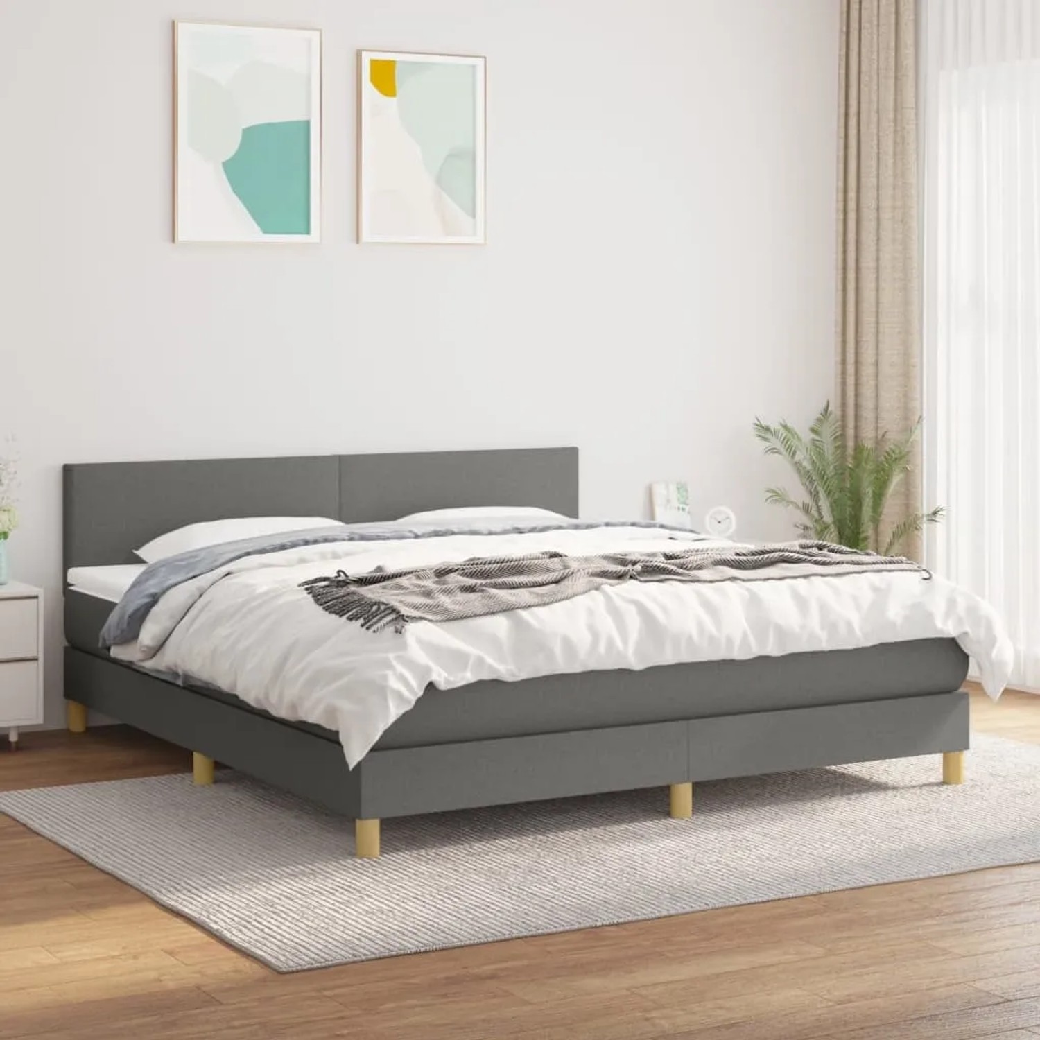 vidaXL Boxspringbett, dunkelgrau, 180x200 cm, Stoffbett mit Matratze und Kopfteil.