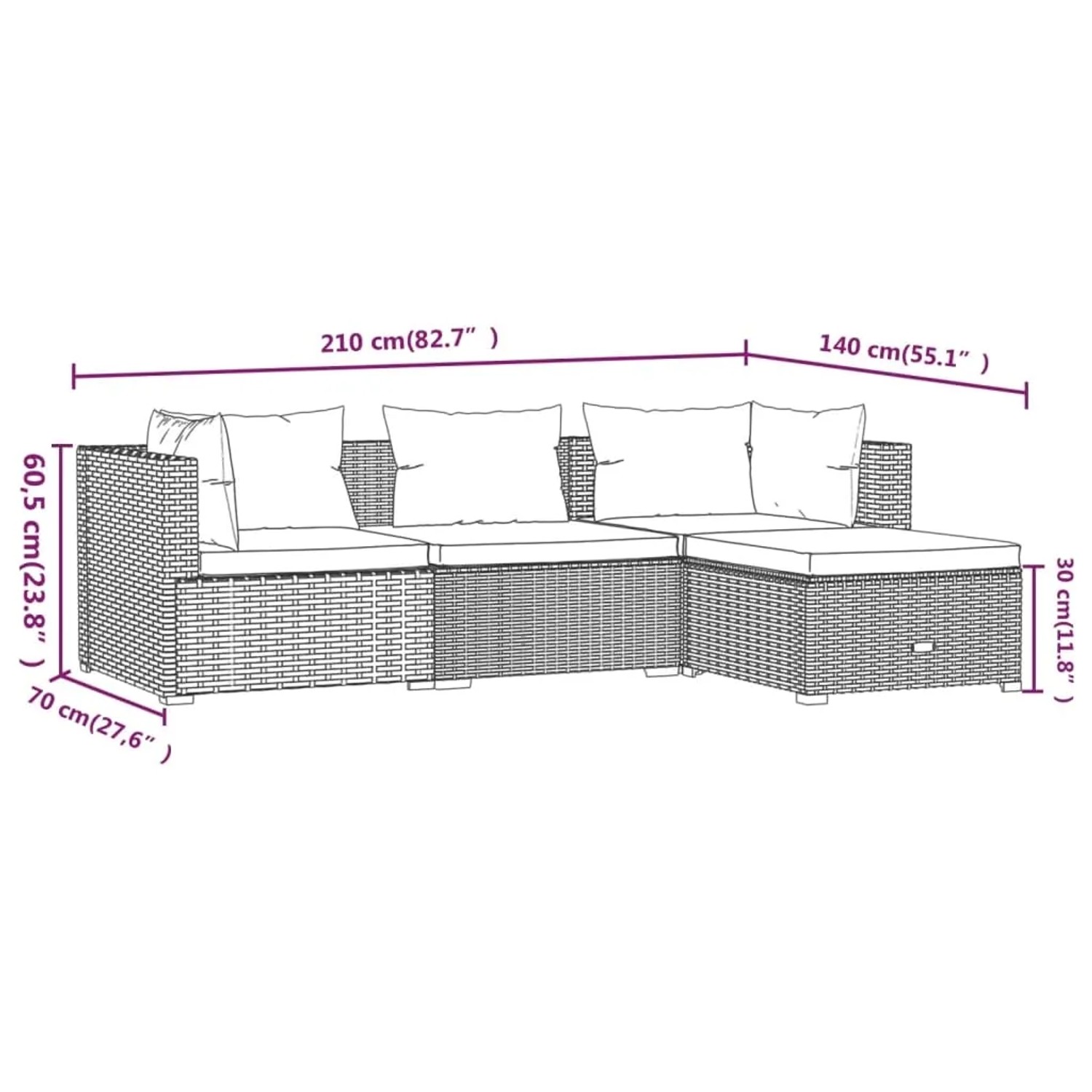 Braunes 4-tlg. Garten Lounge Set aus Polyrattan mit Kissen und Maßangaben.