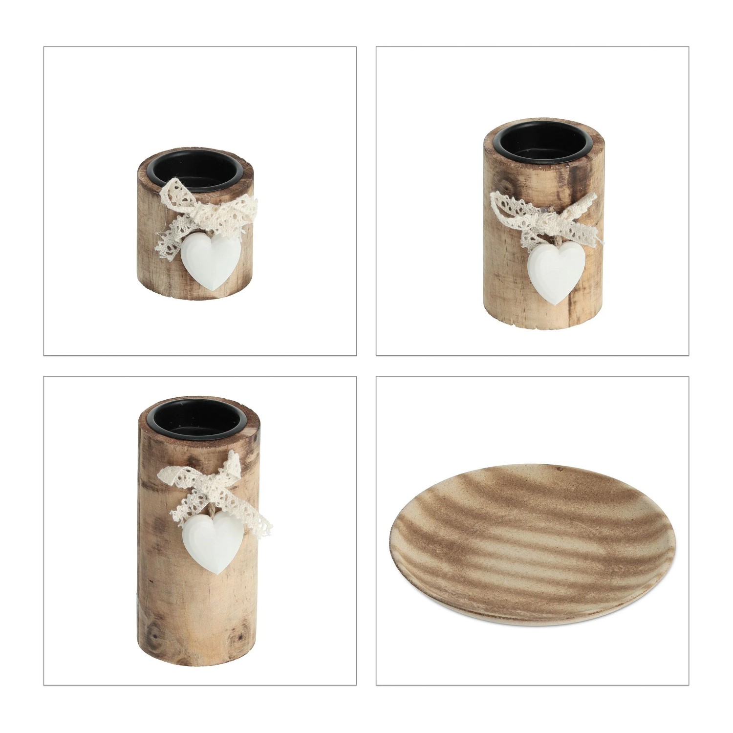 Relaxdays Teelichthalter Set mit Dekoschale Kiefernholz Natur Weiß 13 cm x 21,5 cm 610 g